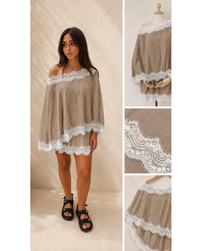 Ensemble jupe cape dentelle beige & noir