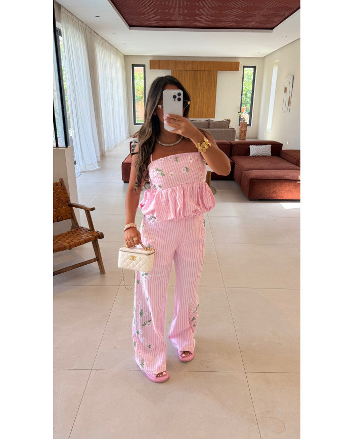 Ensemble pantalon rayé rose bijou vert