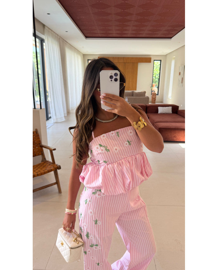Ensemble pantalon rayé rose bijou vert