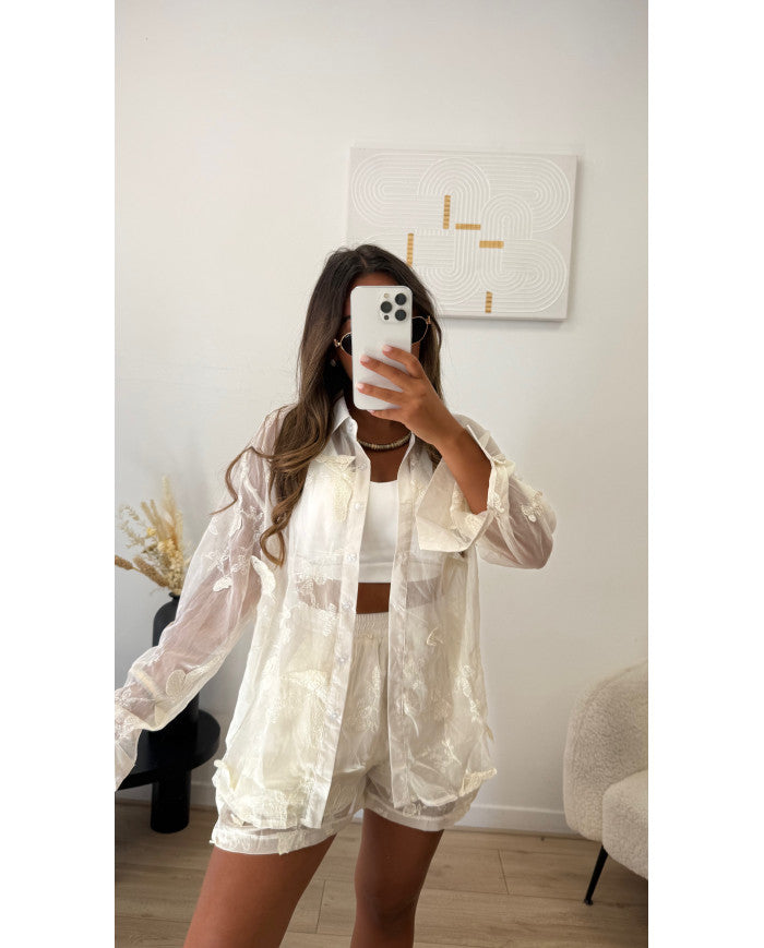 Ensemble short beige & tulle relief fleurs
