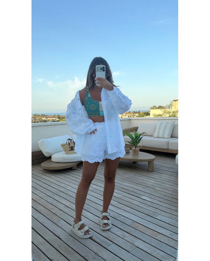 Ensemble Short & Chemise Broderie Blanche