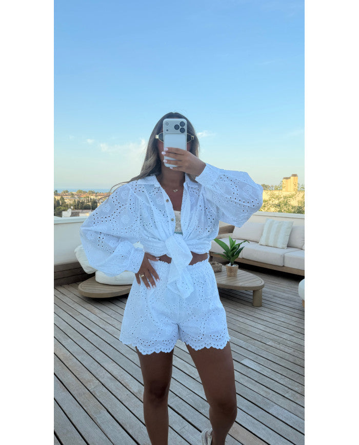 Ensemble Short & Chemise Broderie Blanche