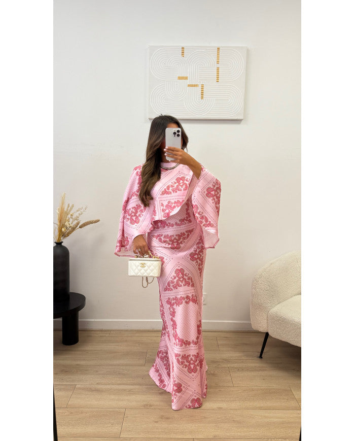 Robe avec Cape imprimé bandana Rose( précommande expédiée dans 10 jours )